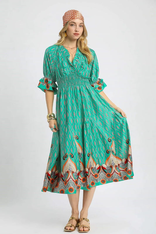 Printed Smocked Waist Flounce Sleeve Midi Dress - Turquoise - product view 1