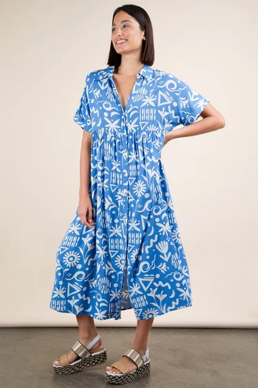Plus Size Oversized Printed Shirt Midi Dress in Blue Mix - product view 4