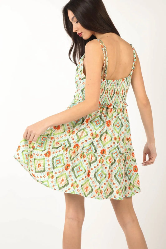 Floral Back Smocked Ruffled Mini Dress in Green Multi - product view 2