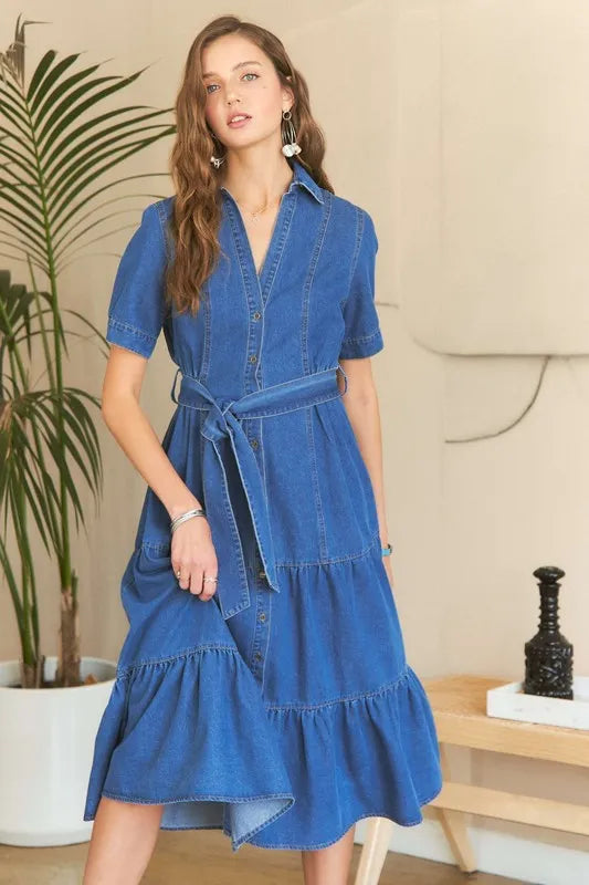 Tiered Button Down Tie Waist Short Sleeve Denim Dress in Dark - product view 2