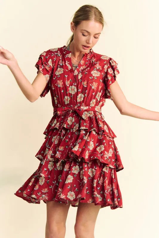 Ruffle Flutter Sleeve Tie Belt Tiered Mini Dress in Orange Rust - product view 4