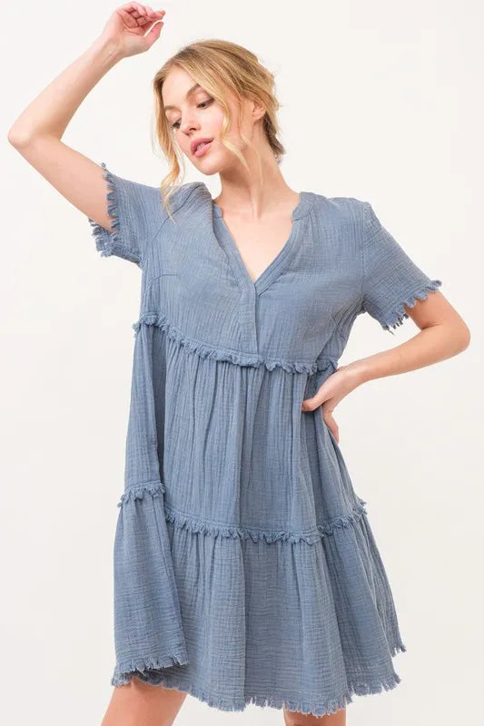 Washed Frayed Detail Tiered Dress - Blue - product view 3
