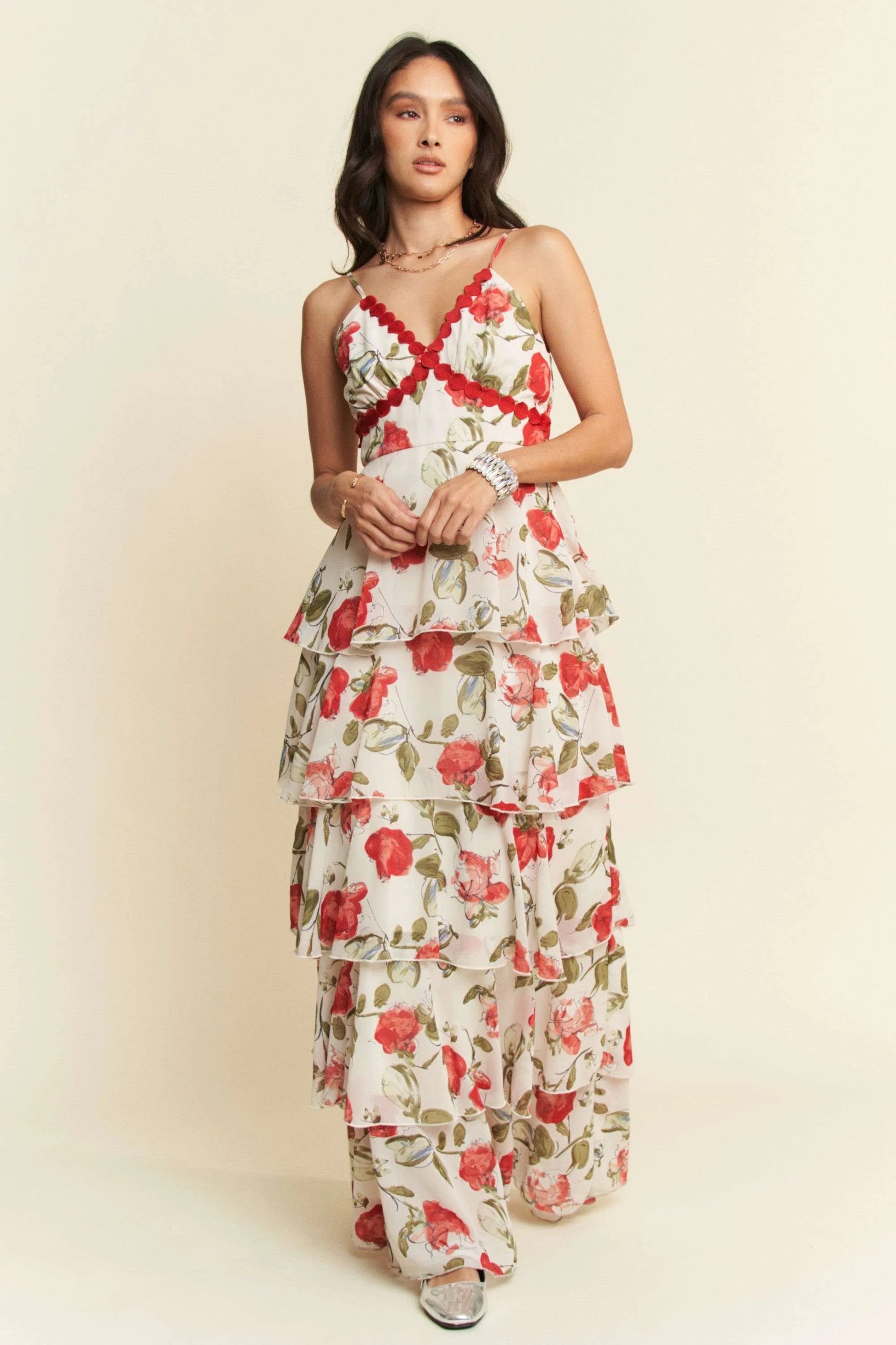 Contrast Ring Lace Layered Ruffle Maxi Cami Dress in Ivory Red - product view 1