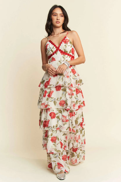 Contrast Ring Lace Layered Ruffle Maxi Cami Dress in Ivory Red - product view 1