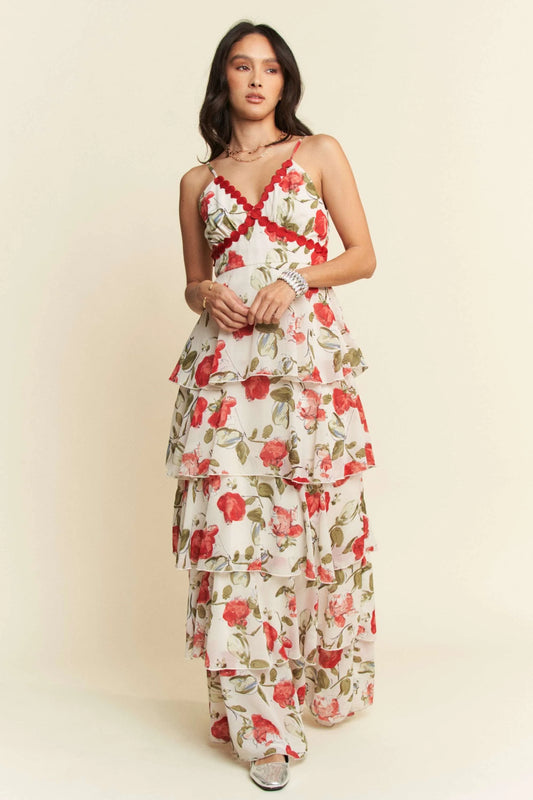 Contrast Ring Lace Layered Ruffle Maxi Cami Dress in Ivory Red - product view 1