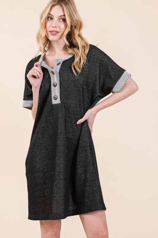 Casual Contrast Trim Henley Dress - Black - product view 4