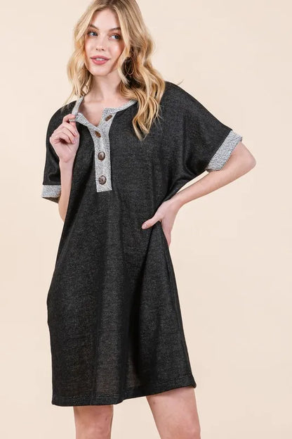 Casual Contrast Trim Henley Dress - Black - product view 4