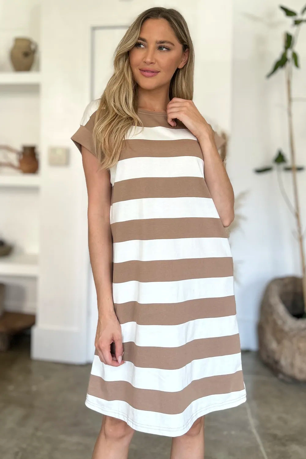 Full Size Striped Round Neck Cap Sleeve Mini Dress in Black, Camel and Dusty Blue - product view 7