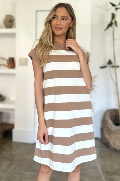 Full Size Striped Round Neck Cap Sleeve Mini Dress in Black, Camel and Dusty Blue - product view 7