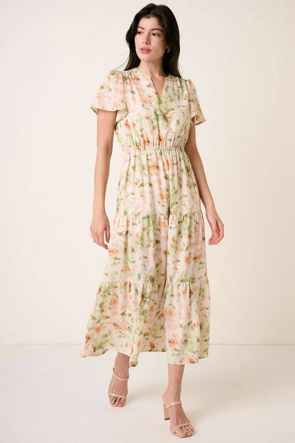 Flower Print Flutter Sleeve V Slit Maxi Dress - Sage - product view 1