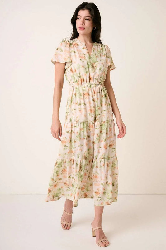 Flower Print Flutter Sleeve V Slit Maxi Dress - Sage - product view 1