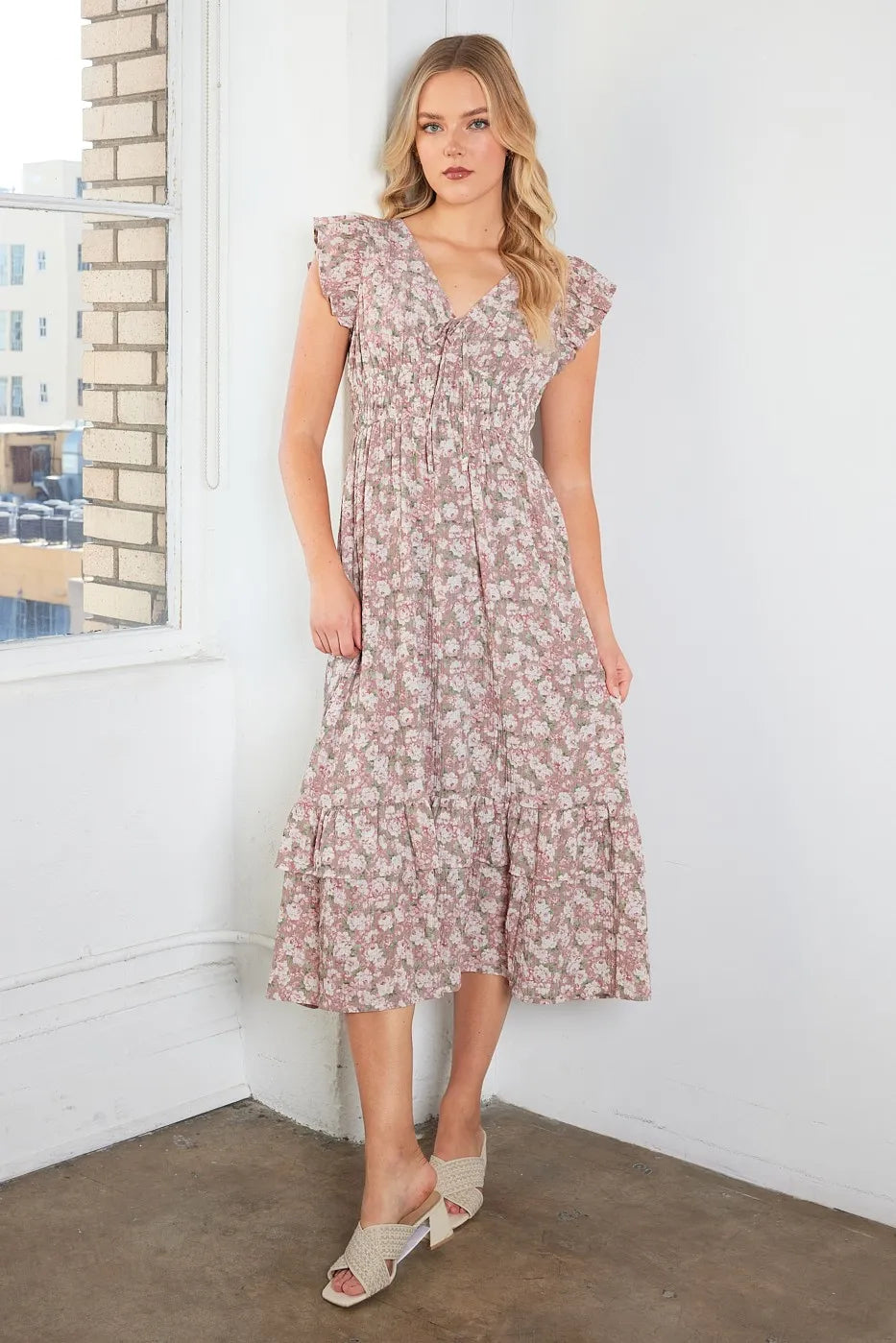 Flower Print Ruffle Cap Sleeve V-neck Midi Dress - Mauve - product view 7