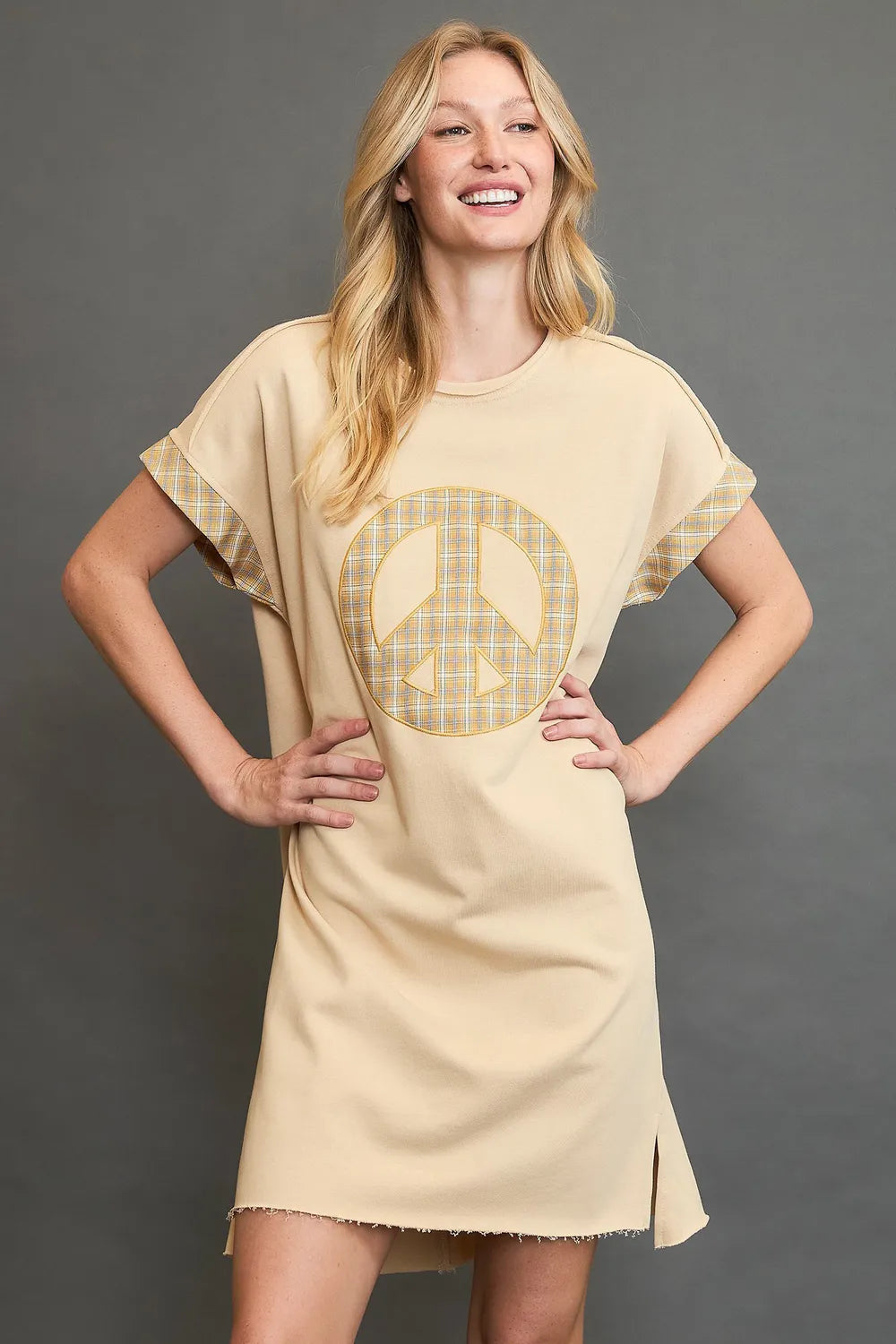 Peace Plaid Applique Short Sleeve Mini Dress - Pastel Yellow - product view 1