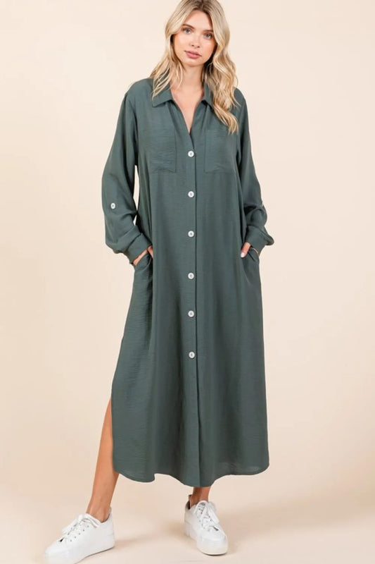Airflow V-Neck Long Sleeve Button Down Maxi Dress in Lt Hunter - product view 1