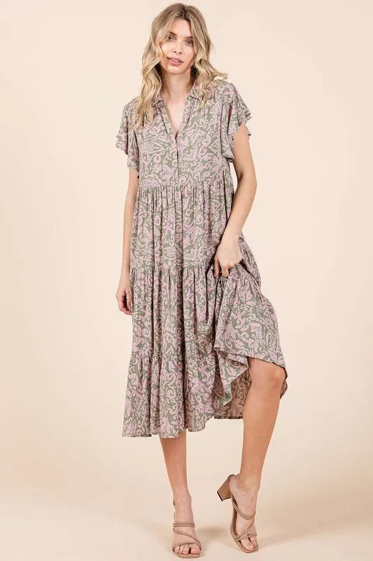 Abstract Print Ruffle Tier Midi Dress - Sage - product view 3