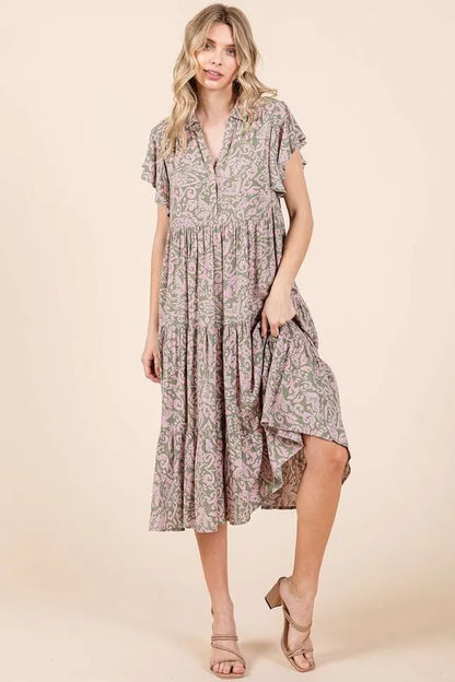 Abstract Print Ruffle Tier Midi Dress - Sage - product view 3