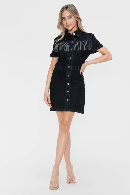 Full Size Embellished Button Down Short Sleeve Denim Dress in Black - product view 4