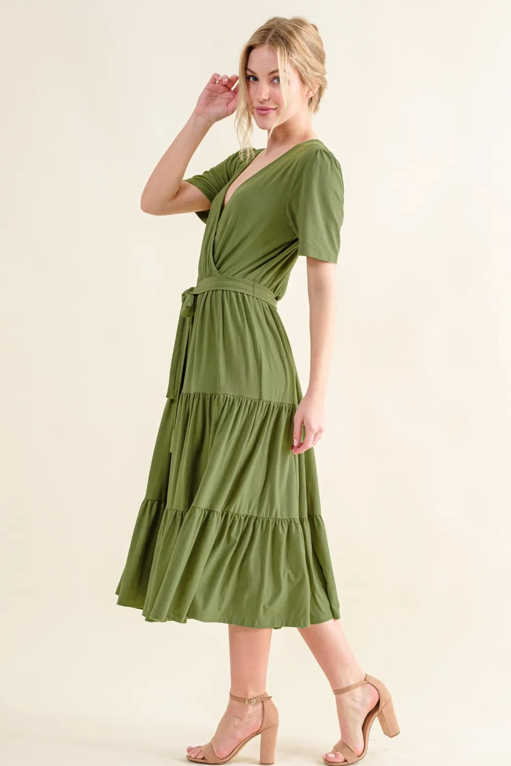 Soft Short Sleeve Tiered Midi Dress in Green - product view 3