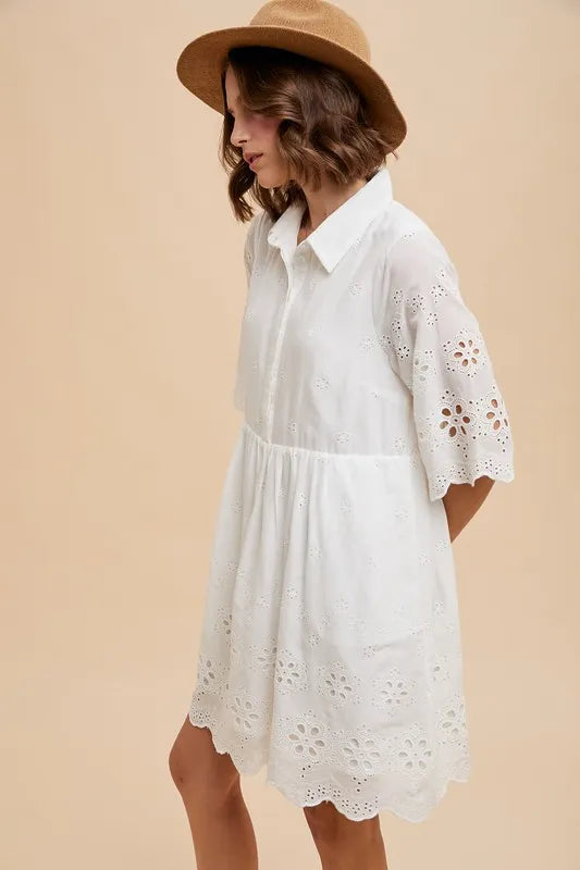 Embroidered Scallop Edge Detail Mini Shirt Dress - Ivory - product view 3
