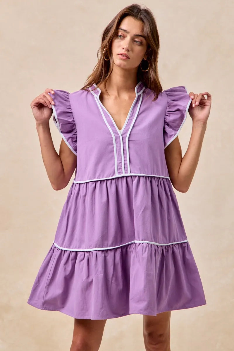 Gameday Theme Contrast Binding Ruffled Dress - Purple - product view 8