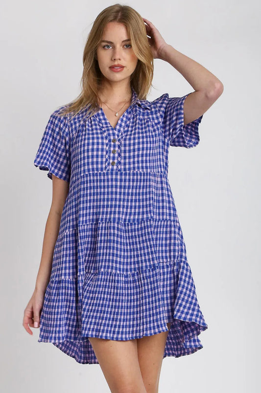 Full Size Gingham Tiered Button Detail Short Sleeve Dress Plus Size - Blue - product view 1
