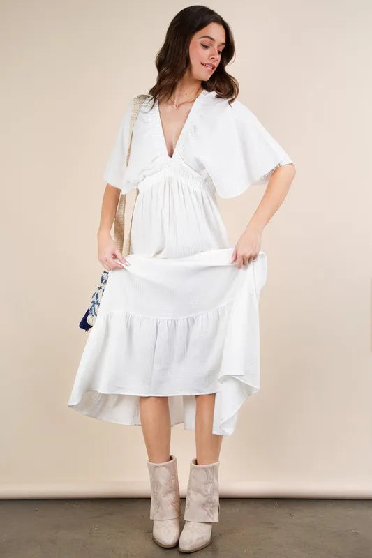 Mineral Washed Elastic Neck Detail Midi Dress in White - product view 3