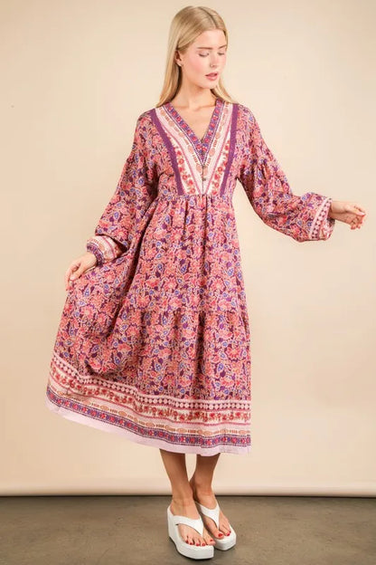 Floral Printed Boho V-Neck Balloon Sleeve Dress in Purple Mix - product view 2