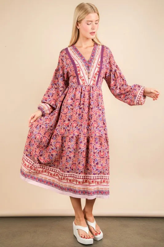 Floral Printed Boho V-Neck Balloon Sleeve Dress in Purple Mix - product view 2