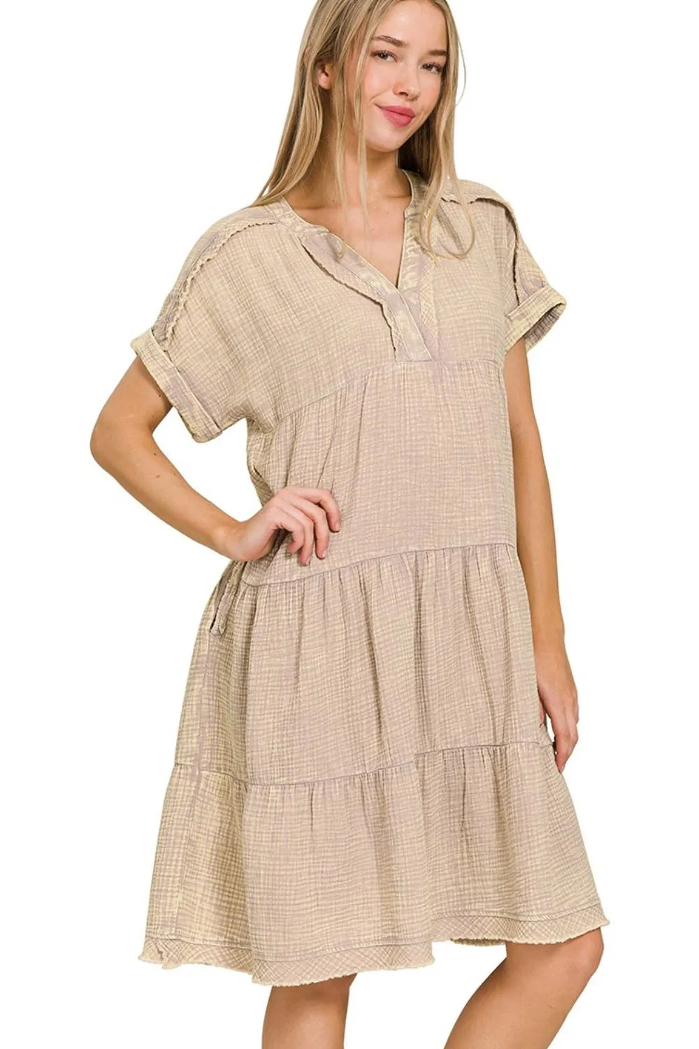 Washed Double Gauze Raw Edge Notched Dress in Ash Mocha - product view 2