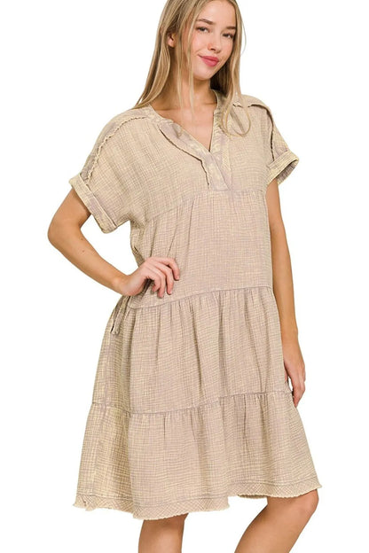 Washed Double Gauze Raw Edge Notched Dress in Ash Mocha - product view 2