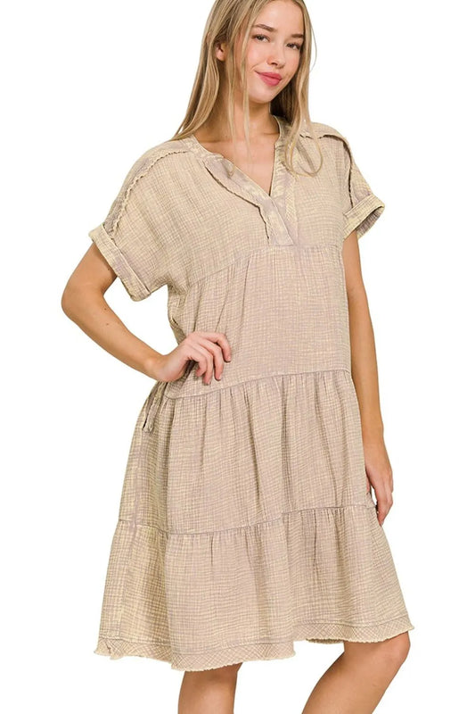 Washed Double Gauze Raw Edge Notched Dress in Ash Mocha - product view 2