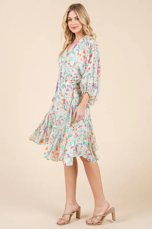 Floral Cinched Waist Balloon Sleeve V-Neck Dress in Ivory Floral - product view 6