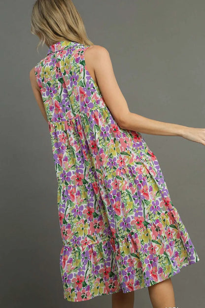 Full Size High-Low Hem Floral Sleeveless Tiered Dress Plus Size in Violetmix - product view 3