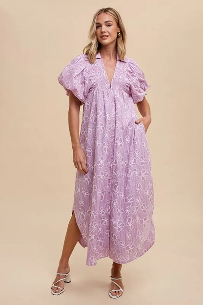 Floral Smock Detail Puff Sleeve Dress in Pink Purple - product view 4