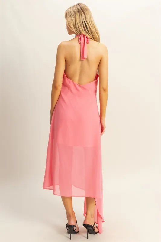 Chiffon Halter Asymmetrical Hem Dress - Rose - product view 3