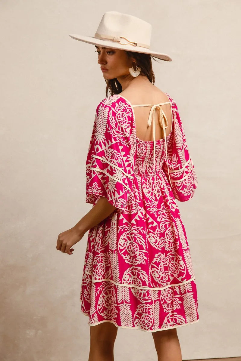 Aztec Woven Printed Contrast Binding Dress in Fuchsia - product view 7