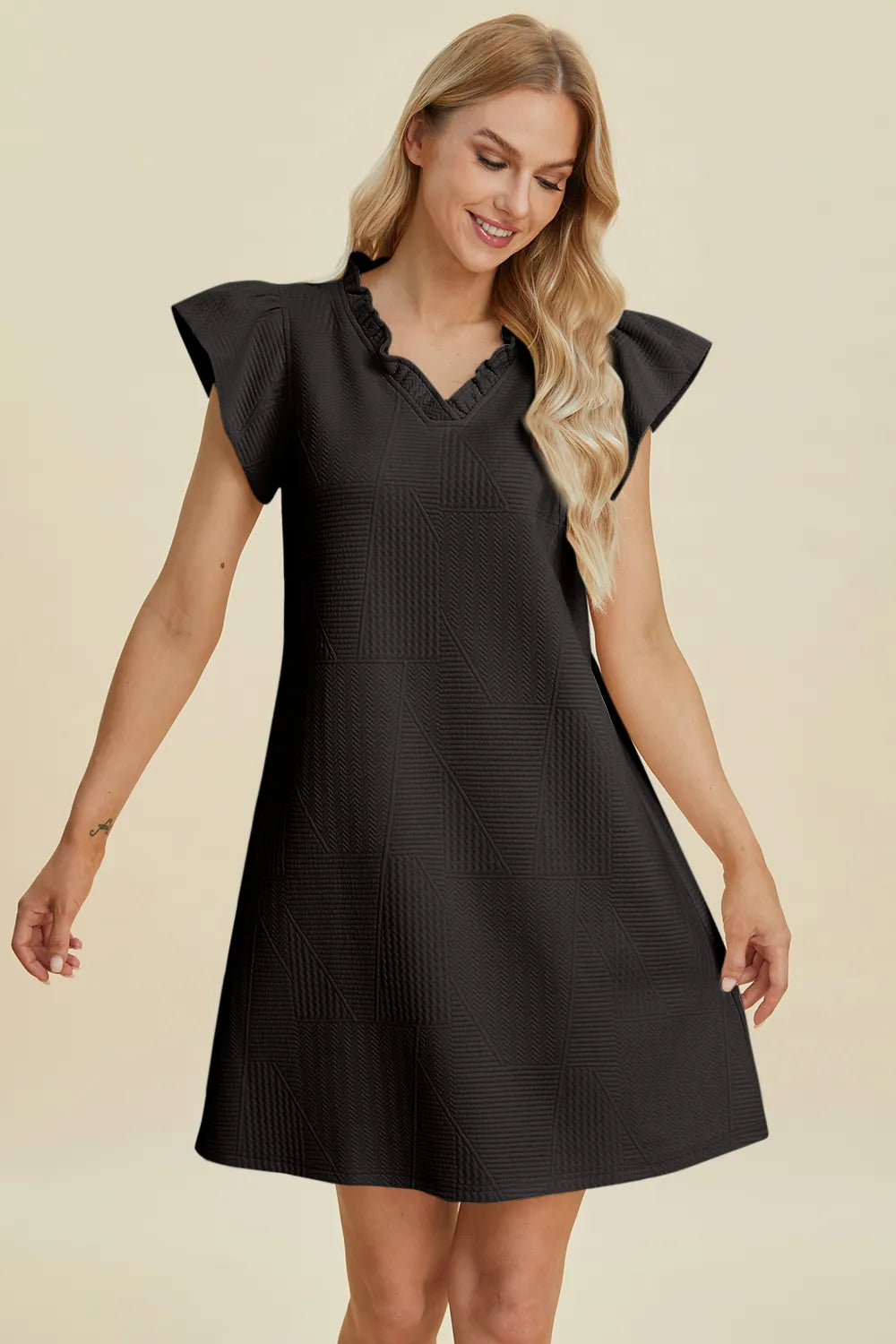 Full Size Ruffled V-Neck Cap Sleeve Dress in Dark Green, Black and more - product view 8