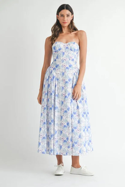 Sweetheart Neckline Floral Printed Midi Dress in Blue - product view 2