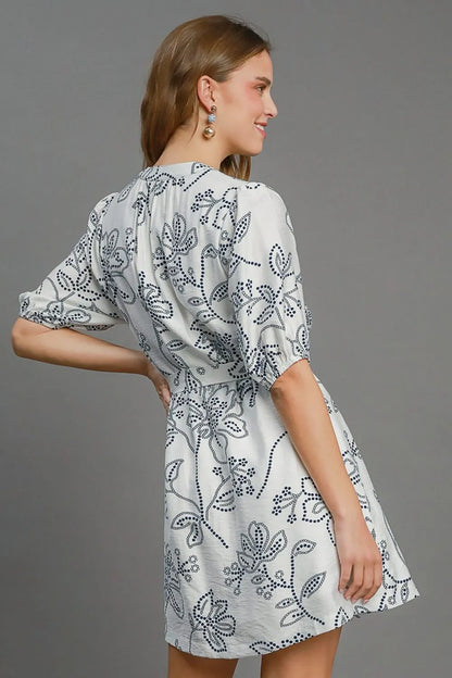 Full Size Floral Print Notched Puff Sleeve Mini Dress Plus Size in Off White - product view 3