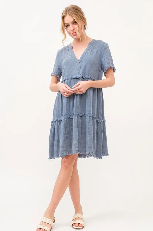 Washed Frayed Detail Tiered Dress - Blue - product view 5