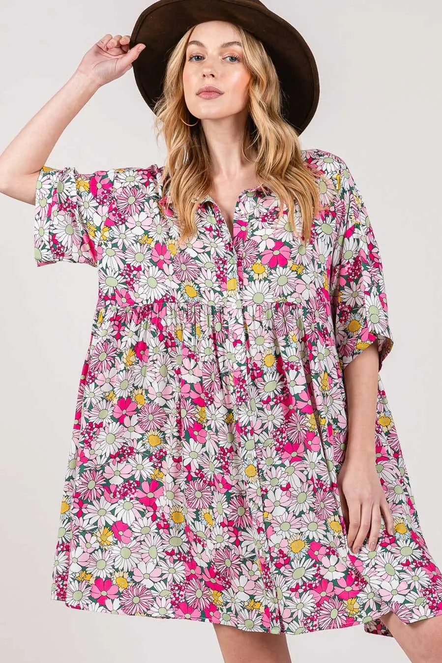 Floral Button Down Mini Shirt Dress in Multi - product view 3