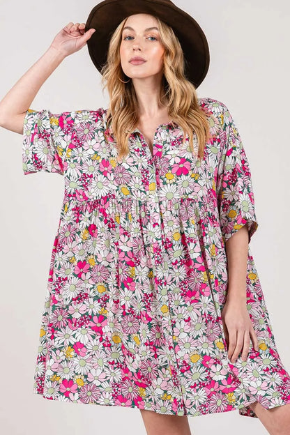 Floral Button Down Mini Shirt Dress in Multi - product view 3