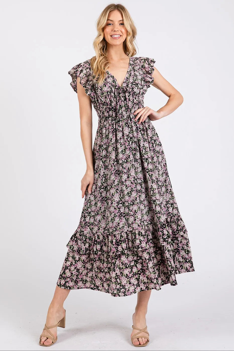 Flower Print Ruffle Cap Sleeve V-neck Midi Dress - Black - product view 2