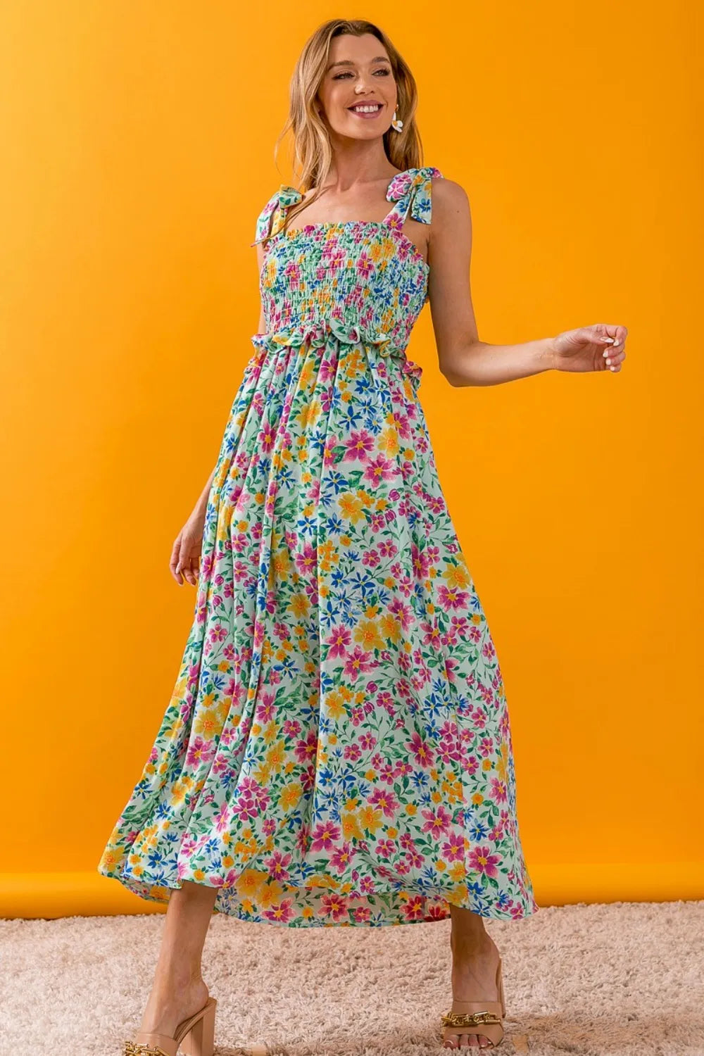 Floral Ruffle Trim Smocked Cami Dress in Mint - product view 3