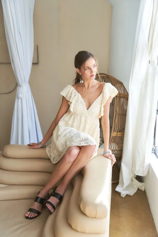 Tie Back V-Neck Ruffle Sleeve Dress in Ivory - product view 9