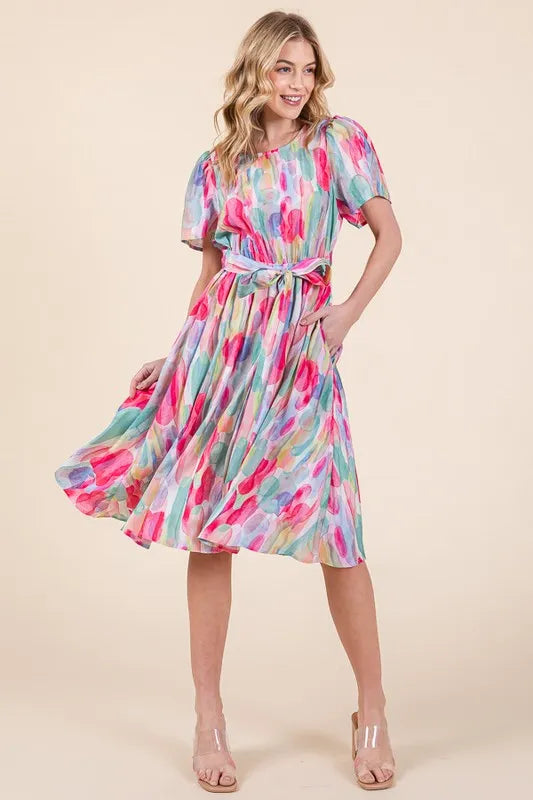 Watercolor Print Tie Front Midi Dress - Pink Combo - product view 8