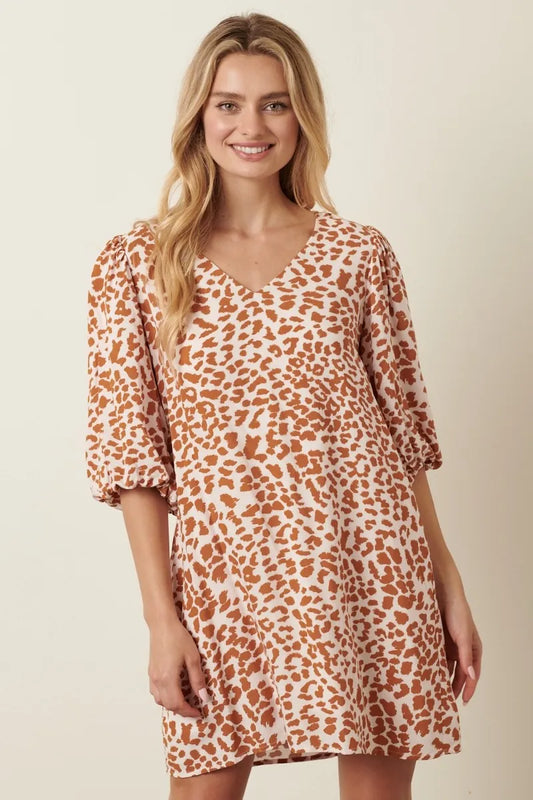 Animal Print Puff Sleeve Mini Dress - Mustard - product view 1