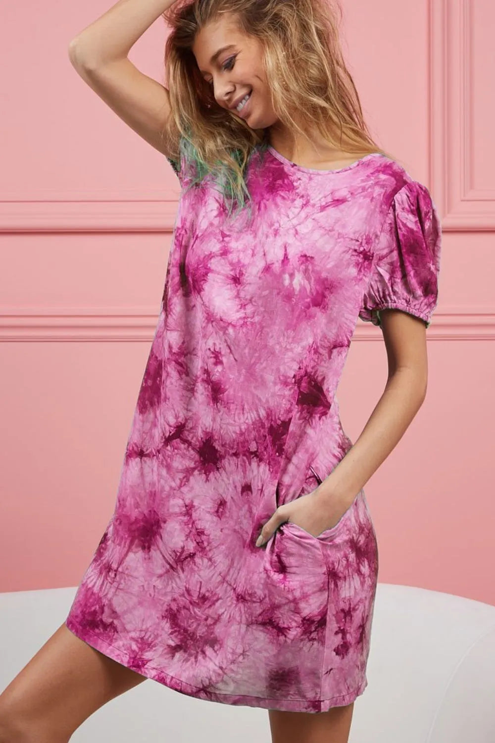 Puff Sleeve With Side Pockets Tie Dye Dress - Fuchsia - product view 1