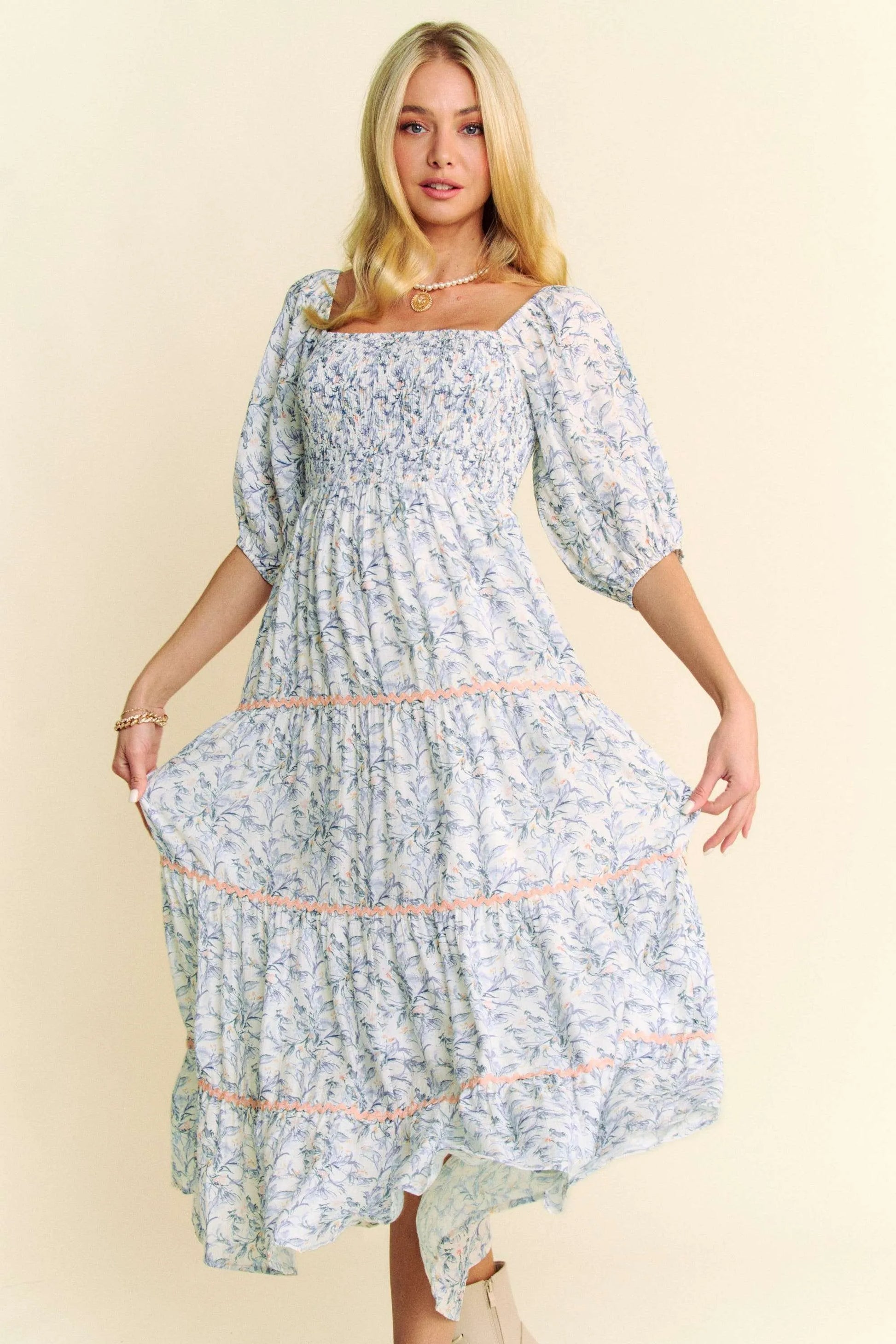 Contrast Ric Smocking Bodice Tiered Midi Dress in Blue - product view 2