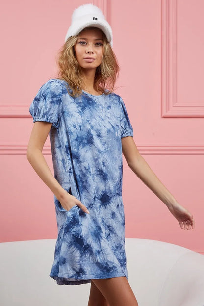 Puff Sleeve With Side Pockets Tie Dye Dress - Navy - product view 12